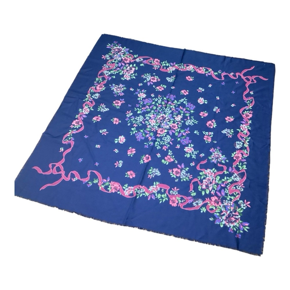 Vintage Laura Ashley Navy Floral  100% Wool Scarf 45"x45" Made in Austria